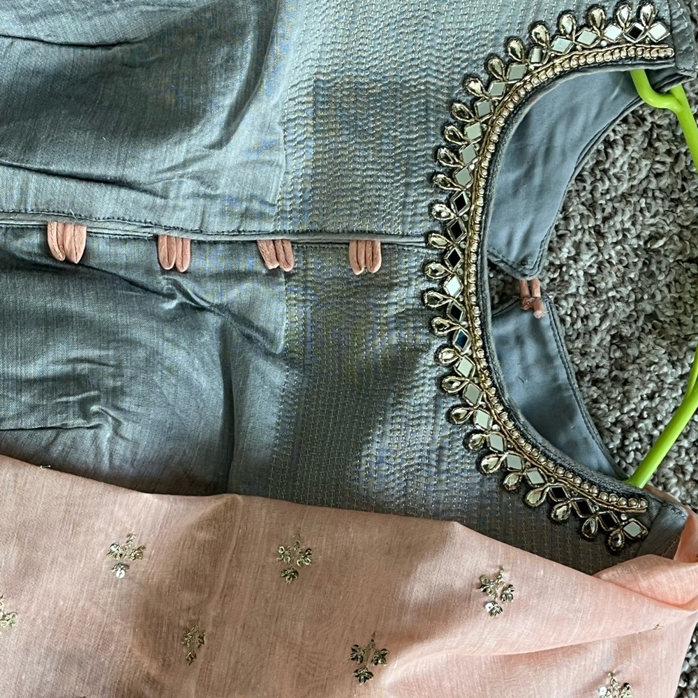 Embellished Gray gown and Peach Ethnic embellished dupatta